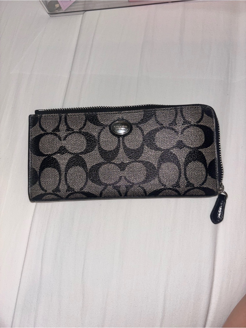 Coach Zip-Around Wallet in Black and Taupe Signature Jacquard